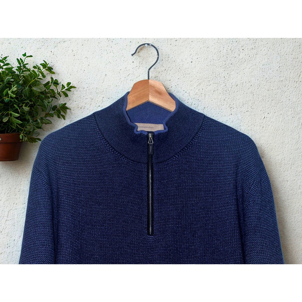 Ermenegildo Zegna Cashmere 1/4 Zip Sweater Navy Blue L 52 Made in Italy (Flaw)