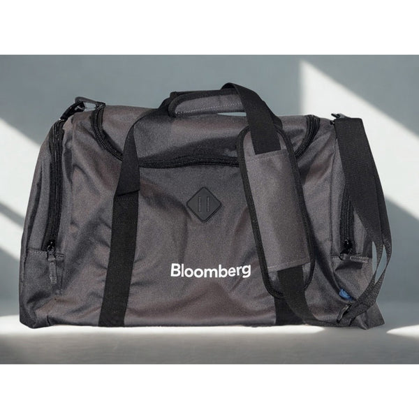 Bloomberg Duffle Gym Bag Black Gray Shoulder Travel Overnight NWOT