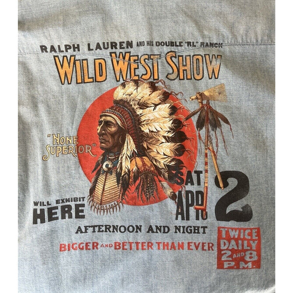 Polo Ralph Lauren Vintage 90s Blue Wild West Show Indian Head Western Sz. L EUC