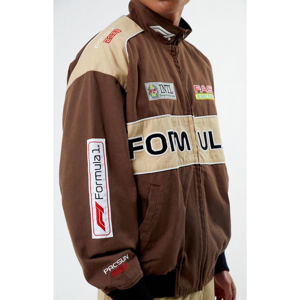 PacSun Formula 1 F1 Racing Bomber Jacket Brown Tan Full Zip Men’s Large
