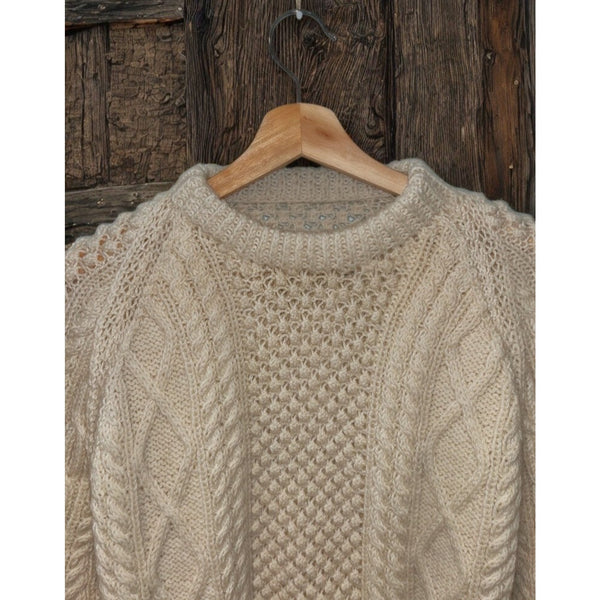 Aran Irish Wool Sweater Mens L Fisherman Cable Knit Chunky Cream Handmade