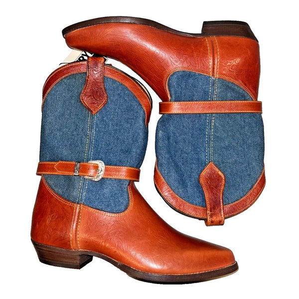 Frye Cowboy Boots Denim Brown Leather Silver Buckles Vintage Sz 8 RARE Deadstock