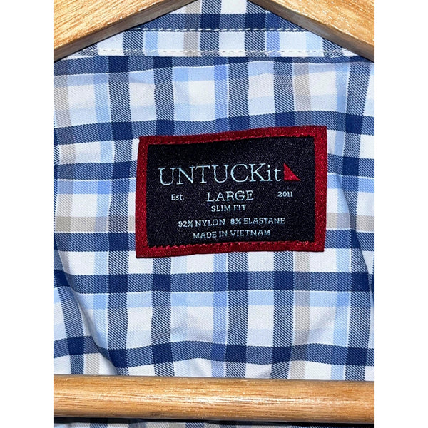 UNTUCKit Sardinia Blue Plaid Button Up Shirt Mens L Slim Fit Nylon Stretch