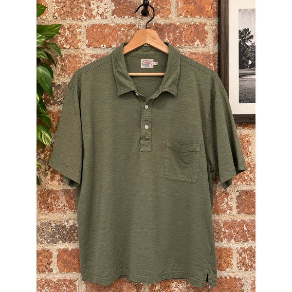 Faherty Sunwashed Polo Shirt Men's XL Olive Green Cotton Slub Pocket Casual