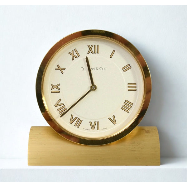 Tiffany & Co Swiss Quartz Brass Desk Clock Roman Numerals Gold Tone Switzerland