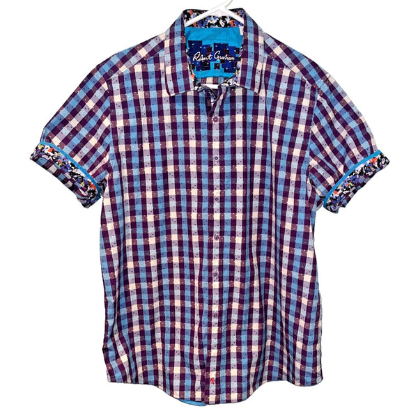 Robert Graham Griswold Check Short Sleeve Shirt Purple Pattern Men XL NWOT