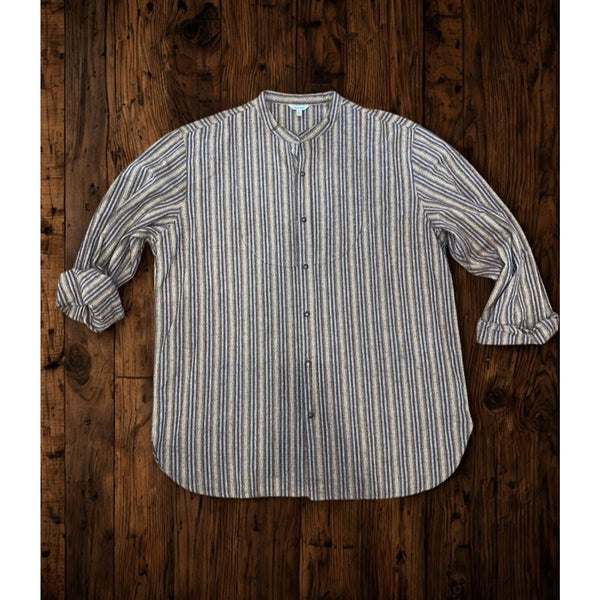J. Peterman Grandad Band Collar Shirt Sz. XL Striped Brass Button Cotton Vintage