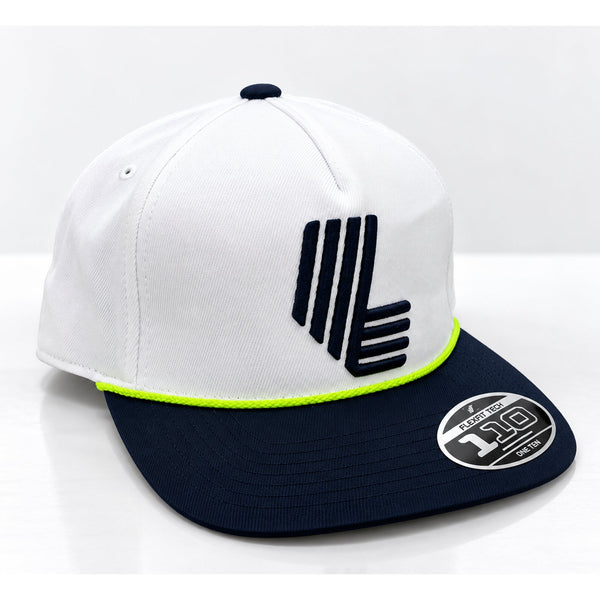 LIV Golf Flexfit 110 Rope Snapback Hat White Navy Adjustable Yupoong