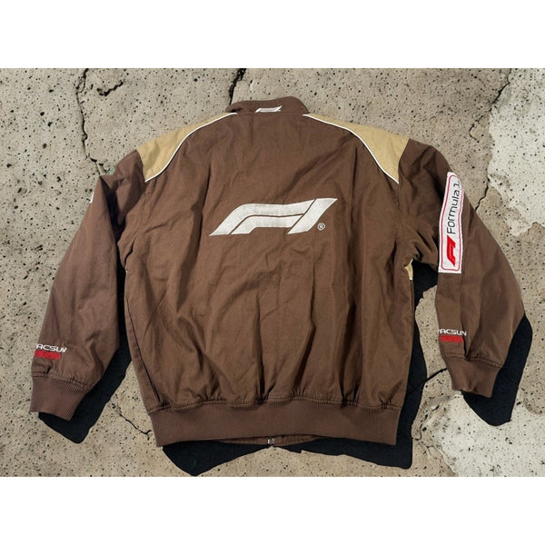 PacSun Formula 1 F1 Racing Bomber Jacket Brown Tan Full Zip Men’s Large