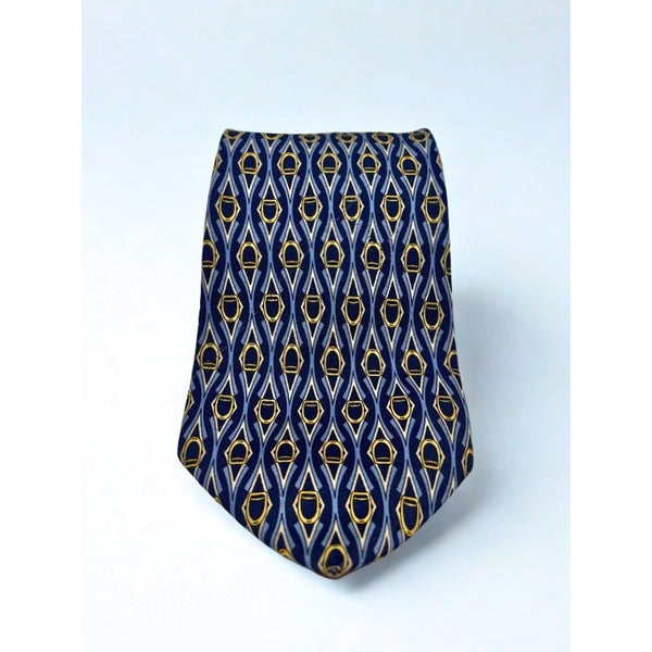 Paolo Gucci Vintage Equestrian Silk Tie Navy Blue Gold Geometric Made in Italy