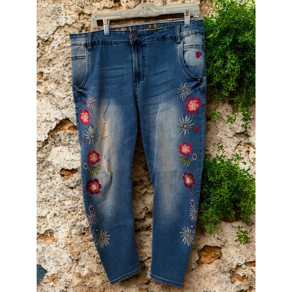DESIGUAL Floral Embroidered Womens Graphic Skinny Jeans 30X27 18SWDD59 Y2K Vibes
