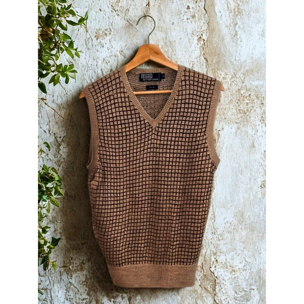 Polo Ralph Lauren Linen Sweater Vest Tan Brown Checkered Knit Men’s Size S