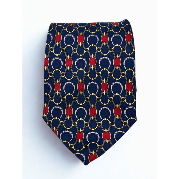 Gucci Paolo Equestrian Silk Tie Navy Gold Red Geometric Horsebit Italy
