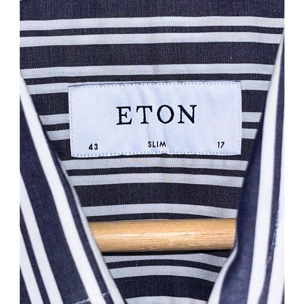 ETON Slim Fit Dress Shirt 17 43 Blue White Stripe Spread Collar Luxury Cotton