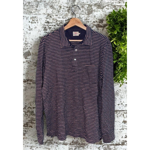 Faherty Movement Long Sleeve Polo Shirt Sz. L Navy Pink Stripe Cotton Stretch