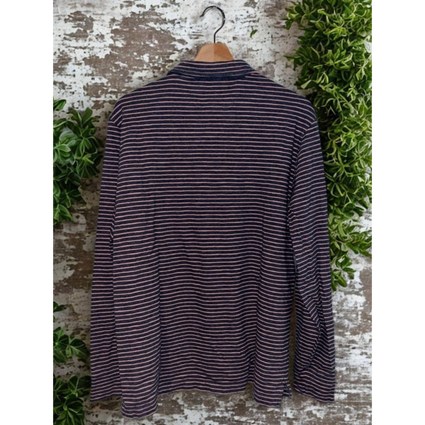 Faherty Movement Long Sleeve Polo Shirt Sz. L Navy Pink Stripe Cotton Stretch