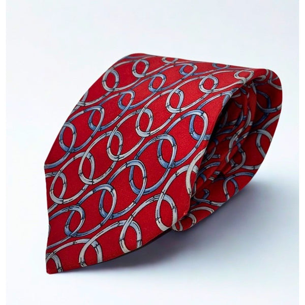 Gucci Silk Tie Red Equestrian Horsebit Geometric Made in Italy Luxury Classic