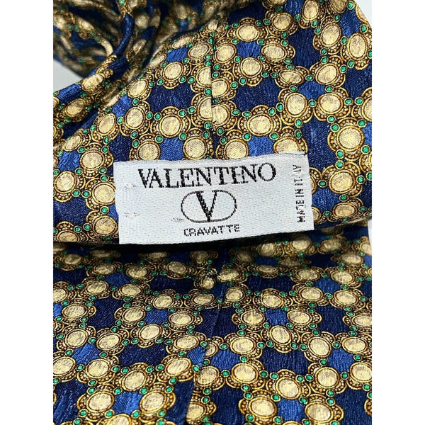 Valentino Cravatte Vintage Silk Tie Blue Gold Medallion Pattern Made in Italy EUC