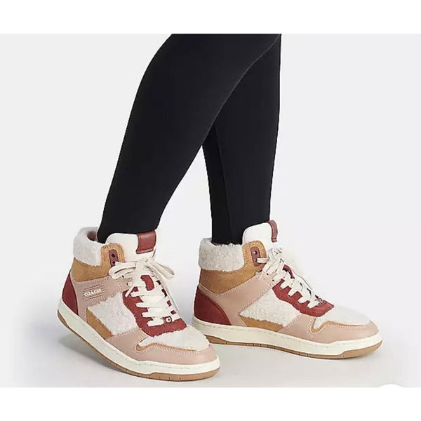 Coach CE872 Hi Top Sherpa Sneakers Cherry Light Camel Suede Women’s 10B NIB