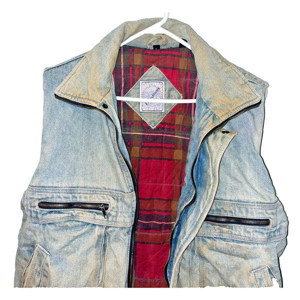 Vtg 90s Streetwear Mens L Distressed Flannel Lined Acid Wash Denim Vest Jacket