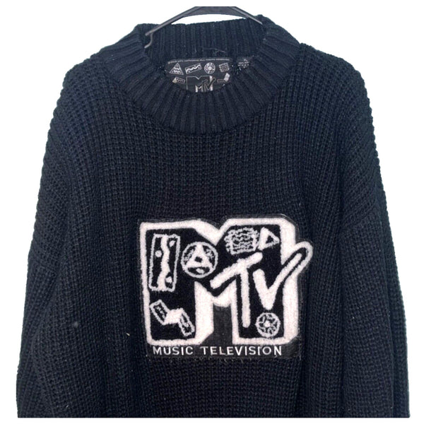 MTV Sweater Cable Knit 1989 Music Grunge Vintage Black Sz. XL