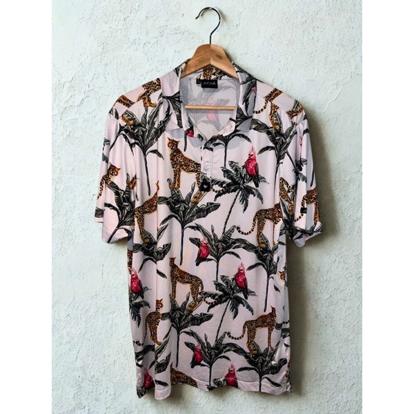 Bad Birdie Golf Polo Shirt Mens Large NWOT Hawaiian Cheetah Parrot Palm Print