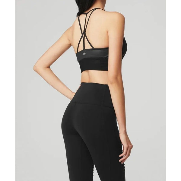 Alo Yoga Lavish Strappy Sports Bra Black Glossy Mesh XS NWT