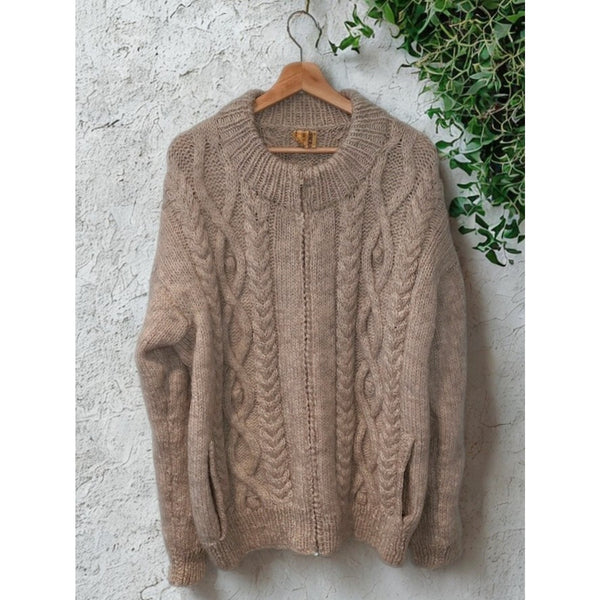 Anncraft Donegal Irish Wool Fisherman Sweater L Full Zip Cable Knit Vintage