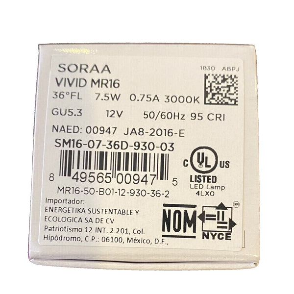 LED - SORAA VIVID MR16 00947 SM16-07-36D-930-03 3000K 36D 95CRI Lamp Light Bulb
