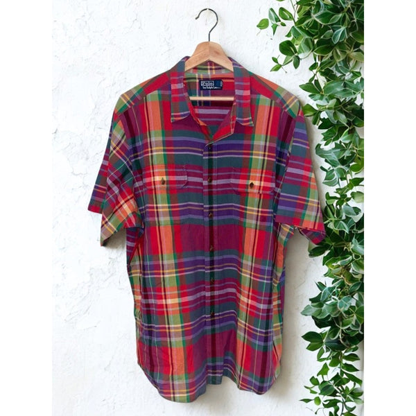 Polo Ralph Lauren Madras Plaid Shirt 2XL Vintage Short Sleeve Button Front