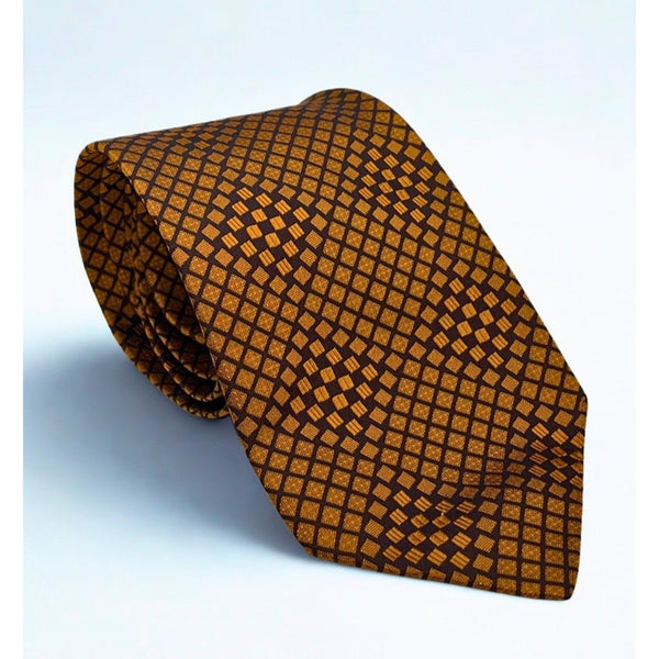 Gucci 100% Silk Tie Brown Gold Geometric Made in Italy Luxury Designer Necktie