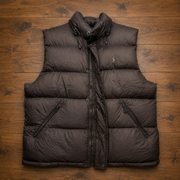 Polo Ralph Lauren Hooded Down Puffer Vest Brown Quilted Vintage Men's Medium