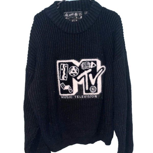 MTV Sweater Cable Knit 1989 Music Grunge Vintage Black Sz. XL
