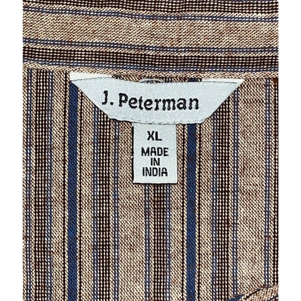 J. Peterman Grandad Band Collar Shirt Sz. XL Striped Brass Button Cotton Vintage
