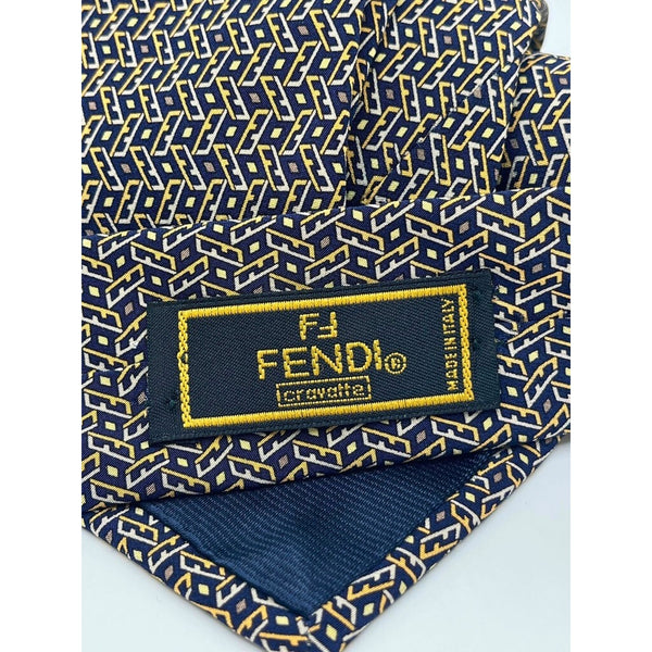 Fendi Cravatte Vintage Silk Tie Navy Gold All Over FF Logo Made in Italy EUC