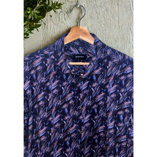 Bugatchi OoohCotton Tech Shirt L Feather Print 8-Way Stretch Button Up EUC
