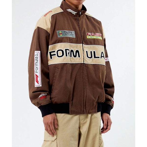 PacSun Formula 1 F1 Racing Bomber Jacket Brown Tan Full Zip Men’s Large