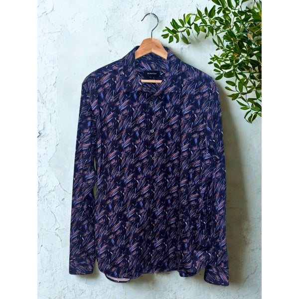 Bugatchi OoohCotton Tech Shirt L Feather Print 8-Way Stretch Button Up EUC