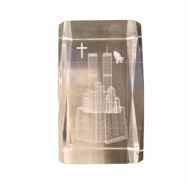 Never Forget 9/11 Twin Towers Laser Etched Crystal Paperweight Cross Prayer
