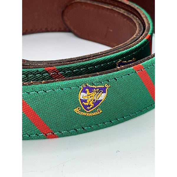 Polo Ralph Lauren Leather Trim Silk Jacquard Belt Men's 38 Green Crest Stripe