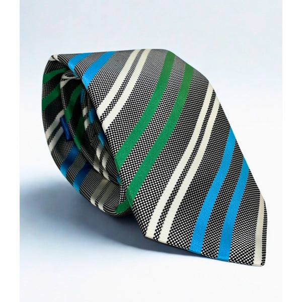 Eton Silk Neck Tie Made in England Blue Green Black White Striped Luxury Tie