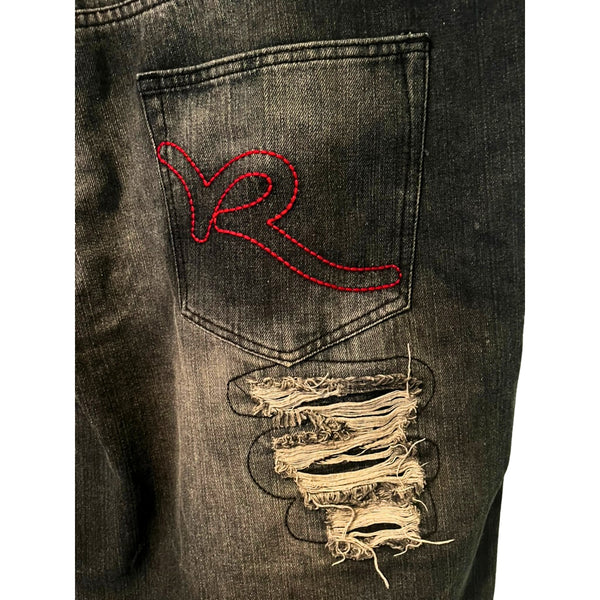Rocawear Jorts W44 Black Jean Shorts Distressed Ripped Stitch Classic Fit VTG