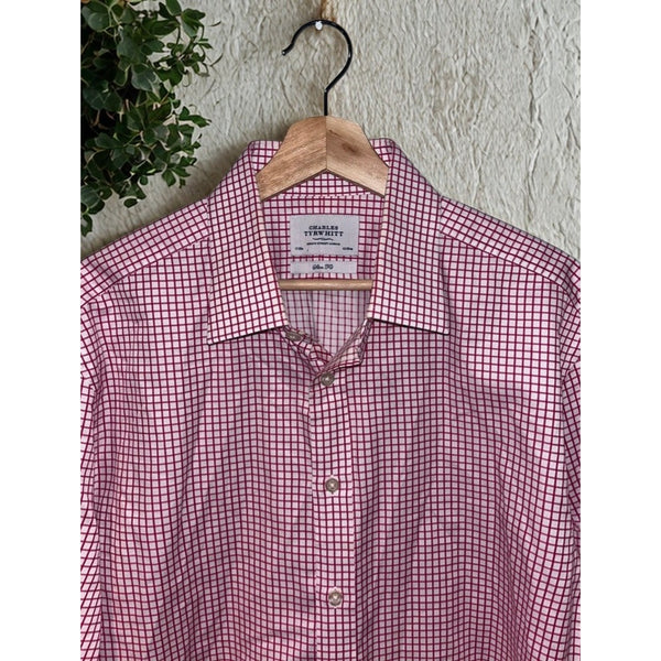 Charles Tyrwhitt Dress Shirt Non Iron Slim Fit Red Check Men's 17/35