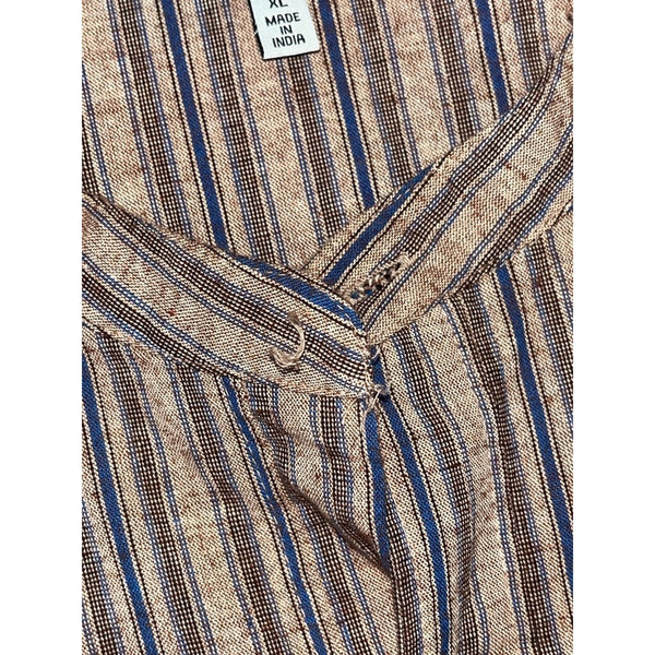 J. Peterman Grandad Band Collar Shirt Sz. XL Striped Brass Button Cotton Vintage