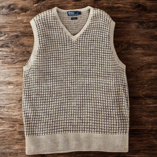 Polo Ralph Lauren Linen Sweater Vest Tan Brown Checkered Knit Men’s Size S