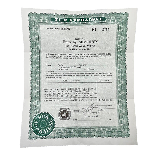 Ranch Mink Fur Severyn Furs Long Sz. 10 Vintage PRISTINE Professionally Stored