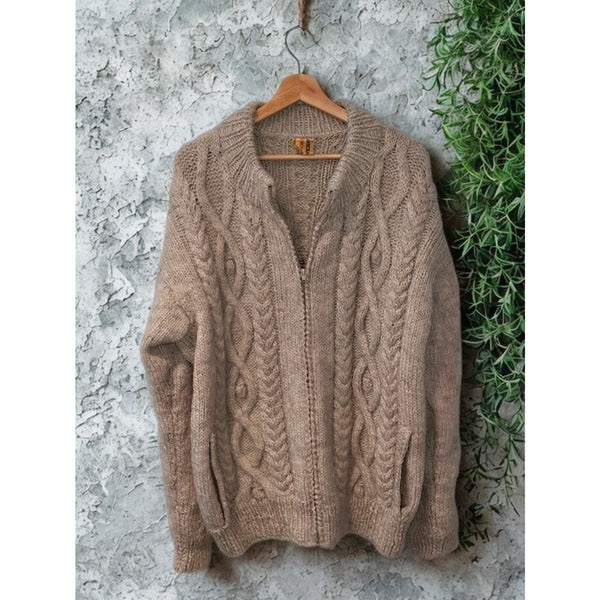Anncraft Donegal Irish Wool Fisherman Sweater L Full Zip Cable Knit Vintage