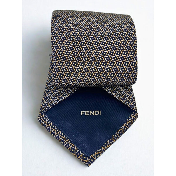 Fendi Cravatte Vintage Silk Tie Navy Gold All Over FF Logo Made in Italy EUC