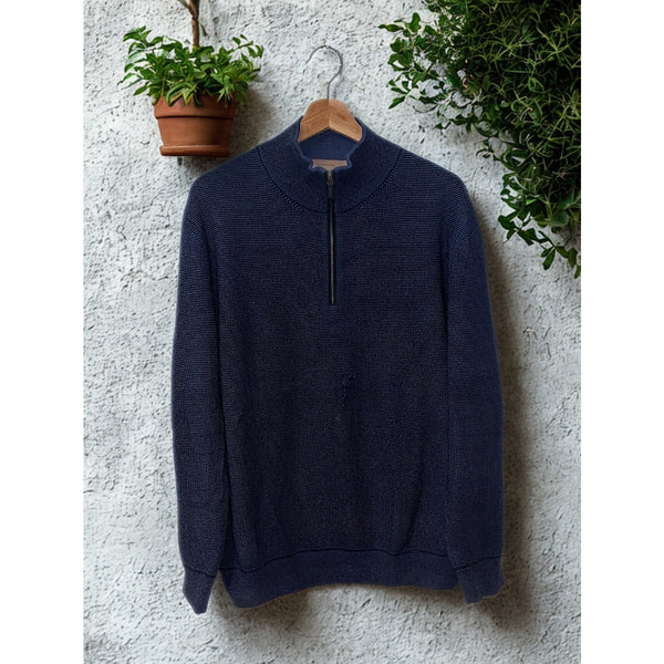 Ermenegildo Zegna Cashmere 1/4 Zip Sweater Navy Blue L 52 Made in Italy (Flaw)