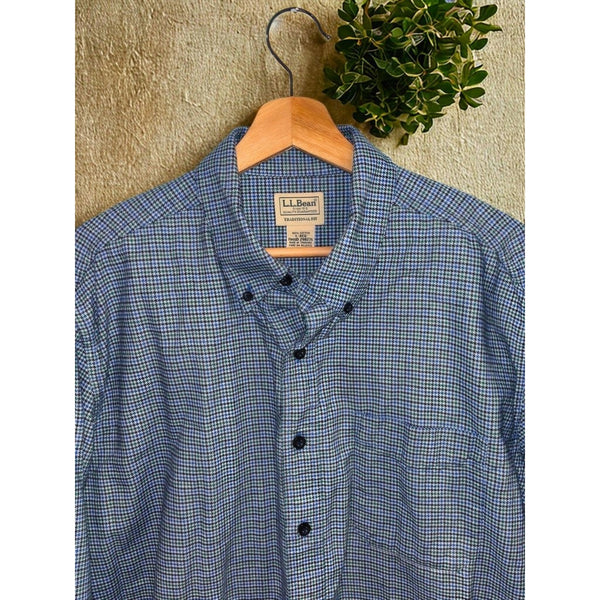 LL Bean Mens Large Multi Blue Houndstooth Check Flannel Button Down Shirt Pocket